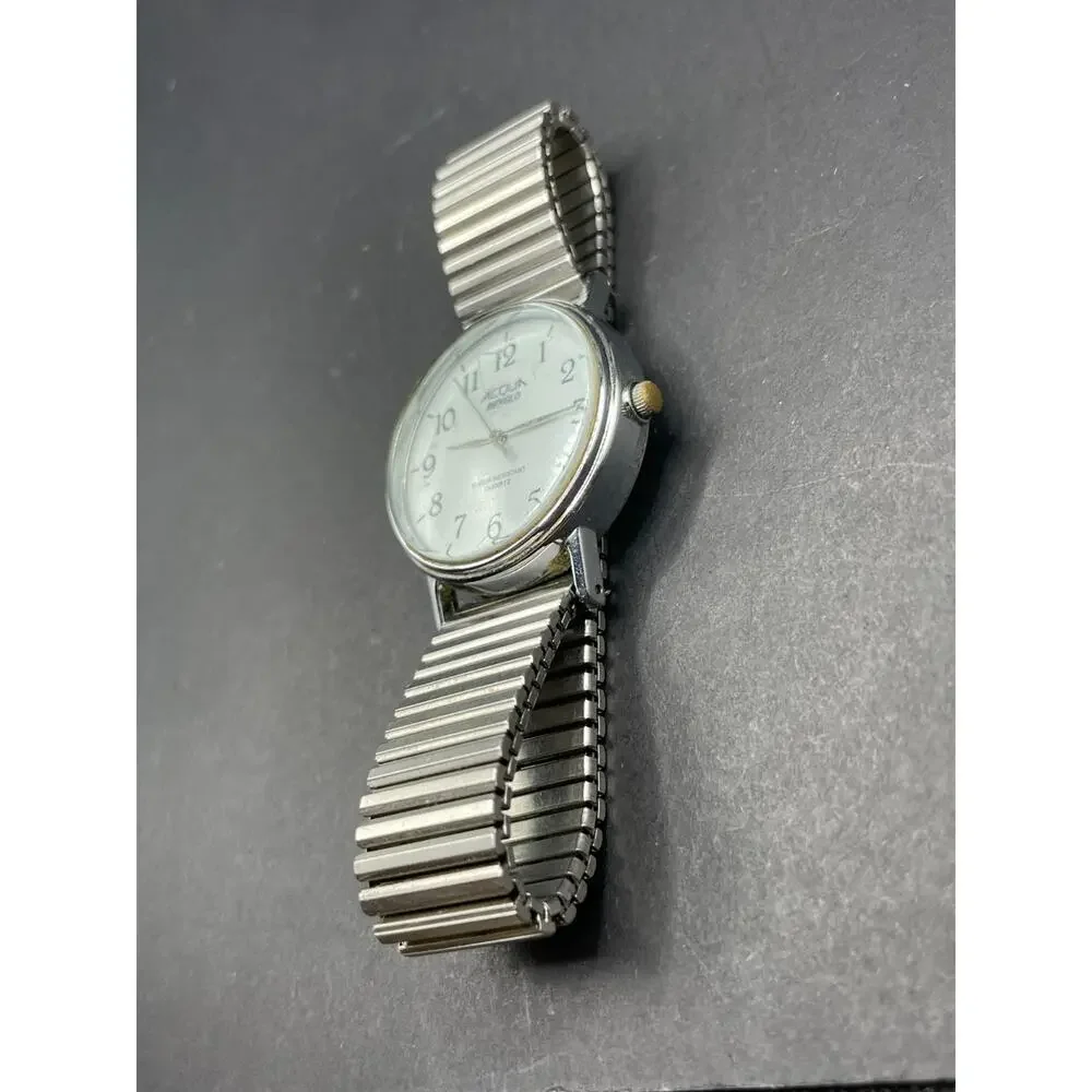 Vintage Acqua Indiglo Easy Reader Quartz Watch Silver Tone Stretch Band 34mm